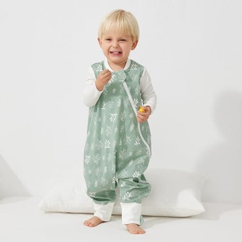 Duomiaomiao Sleeping Bag with Legs, 100% Cotton 0.5 Tog Summer Baby Sleep Bag Toddler Sleeping Sack with Feet for 2-3 Years Boys Girls, Green