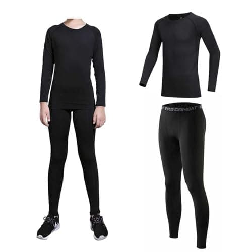 JiaYouLC Kids Base Layer Sets Thermal Compression Long Sleeve Top & Tights Winter Sports Warm Football Skins for Boys Girls Athletic Gym (Black, 9-10 Years)