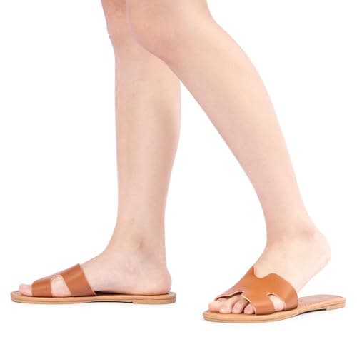 FITORY Women's Flat Sandals Slip On Leather Sliders Warm Brown Size 4 — view 2