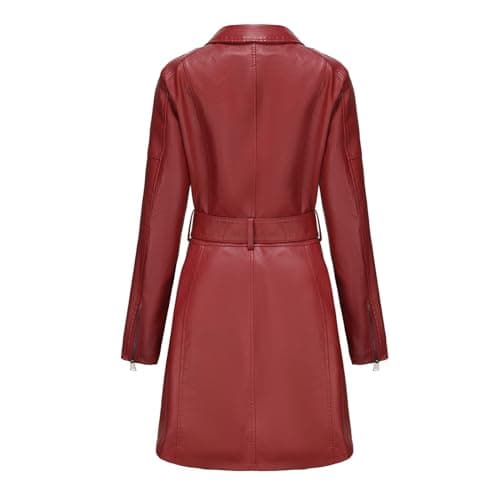 QLXYYFC Comfortable Soft Warm Women's Leather Jacket Classic Long Windbreaker Autumn Winter Coat with Loose Belt Zipper Cuffs (Color : Red, Size : L) — view 6