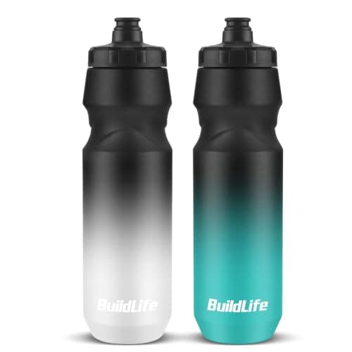 BuildLife 2 Pack Sports Water Bottle, 1L Squeeze Water Bottle, 32oz Biking Water Bottles, BPA Free & Leakproof Cycling Bottles for Hiking, Outdoor Sports Dishwasher Safe (1L-BlackBlue+BlackWhite)
