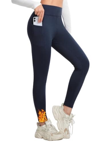 TMEOG Womens Fleece Lined Leggings with Pockets Navy,M