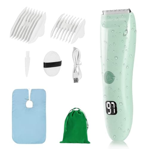 HOTUT Baby Hair Clippers,Waterproof Kids Quiet Hair Trimmer with 2 Guide Combs,Rechargeable Cordless Hair Cutting Machine,with Safe Ceramic Blades,with LCD Display,for Toddlers and Children(Green)