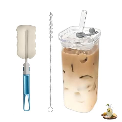 400ml Glass Cups with Lids and Straws Set, Square Glass Tumbler with Straw and Lid, Transparent and Minimalist Iced Coffee Glasses Suitable for Office Travel and Home use Ice Coffee Cup