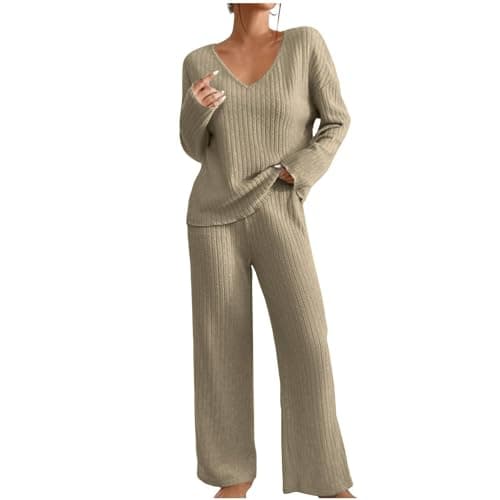 Keepink Lounge Wear Sets for Women UK Tracksuit Knit Ribbed 2 Piece Outfits V Neck Long Sleeve Jumpers + Wide Leg Trousers Pyjamas Set Sleepwear Homewear Travel Sweatsuits Tall/Petite