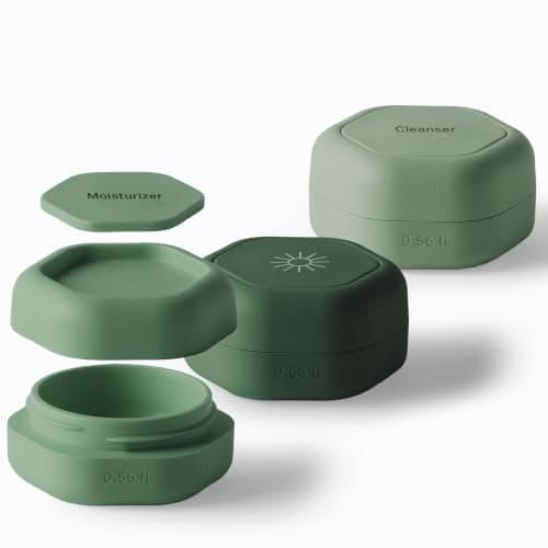 Cadence Travel Containers - Skincare Set - Magnetic Travel Capsules - For Facial Cleanser, Moisturizer, Sunscreen - 3 Small Capsules (0.56oz) with Cleanser, Moisturizer & Sun-Icon Labels - Evergreen