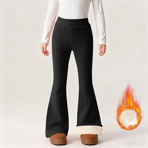 Saxrel Black Girls Fleece Lined Flared Leggings Slim Fitting School Trousers Thermal Yoga Pants Winter Warmth Sports Full Length Leggings Dance Pants Soft Fuzzy Athletic Kids Trousers — view 2