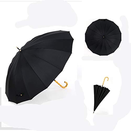 ThreeH Stick Umbrella Windproof and Rainproof Bamboo Hook Handle Auto Open Protable Lightweight KS08,Black — view 2