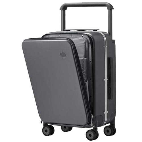 mixi Checked Luggage Wide Handle Suitcase,Front Opening PC Hard Shell Travel Case with Aluminium Frame,Quiet Spinner Wheels,Laptop Compartment,TSA Lock,with Cover,20 inch Rock Grey