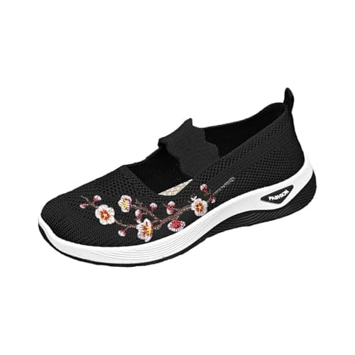 Ladies Running Trainers, Orthopedic Shoes for Women Wide Fit Slip On Walking Loafers Breathable Mesh Non-Slip Shoe Lightweight Arch Support Comfort Flats for Work Travel Casual Sneakers Black