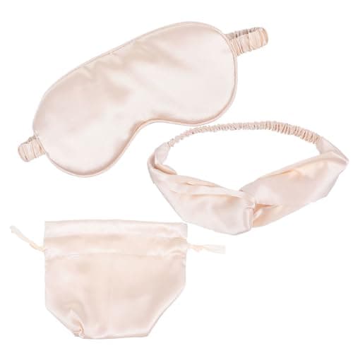 Sleeping Mask Set with Hairband and Bag, Artificial Silk Beige