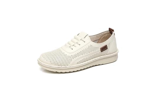 IVACHY Women's Comfort Walking Trainers, Breathable Perforated, Flat Platform Casual Work Shoes Beige