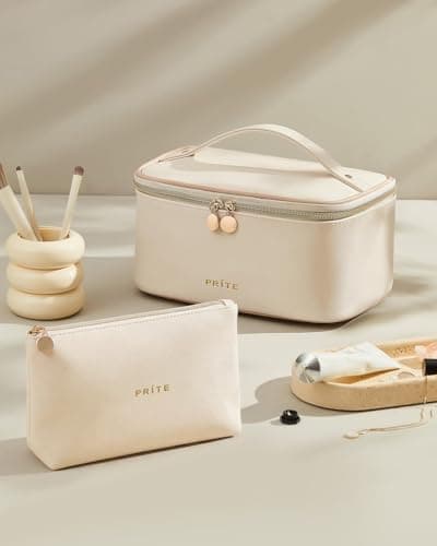 Prite Makeup Bag Toiletry Case for Women with Brush Holder, Beige, 2Pcs Set — view 4