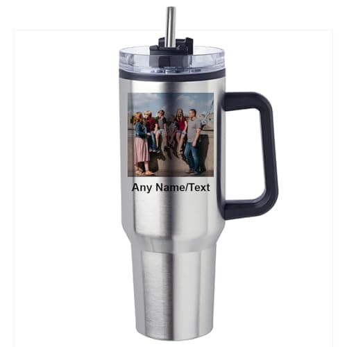 Getagift Personalised 40oz Travel Tumbler with Handle & Straw | Custom Name/Text with Your Own Photo | Stainless Steel Large Cup | Travel Water Bottle | Car Coffee Mug. (Silver)
