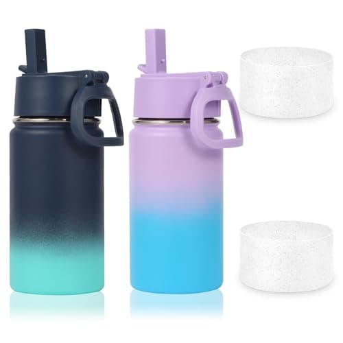 Volhoply 410ml 14oz Water Bottle with Straw Lid and Silicone Boot Bulk 2 Pack,Stainless Steel Insulated Tumbler for Boys & Girls Multipack,Double Wall Vacuum Leakproof Kids Bottles(Assorted,2)