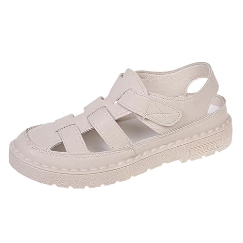 Sports Sandals, Women's Trekking Sandals, Outdoor Sandals, Closed Rubber Hiking Sandals, Summer for Travel, Leather Platform, Genuine Leather Sandals, Casual Flat Sandals, Sports Sandals, beige, 5 UK