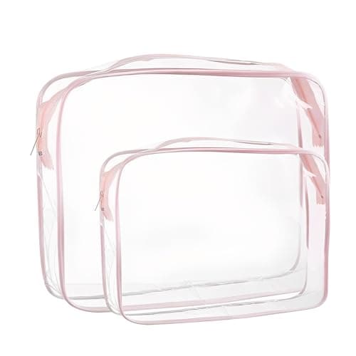 2 Pcs Clear Toiletry Bag, Pink Clear Wash Bags for Toiletries, PVC Waterproof Transparent Makeup Bags for Travel, Portable Transparent Cosmetic Bag for Men Women Luggage (Medium,Large)