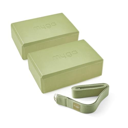 Myga Yoga Blocks & Strap Set - 2 High Density Foam Bricks and Metal D Ring Belt for Yoga, Pilates and Fitness - Support and Deepen Poses, Non-Slip and Lightweight for Home & Gym (Moss)
