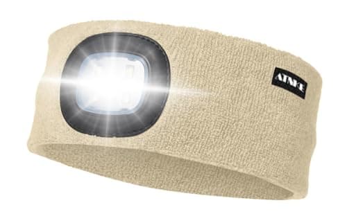 ATNKE LED Lighted Headband, USB Rechargeable Running Hat Ultra Bright 4 LED Waterproof Light Lamp Headlamp High Stretch Moisture Wicking Multi-Color/Beige