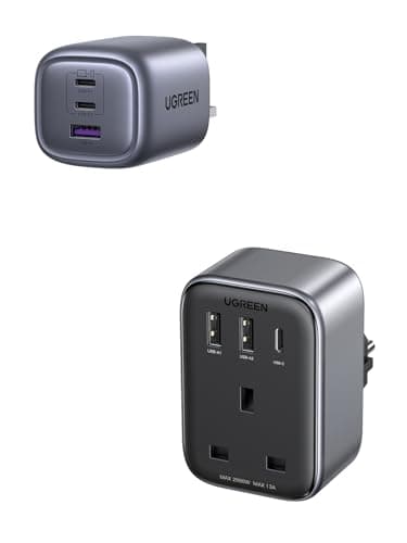 UGREEN 65W USB C Charger Plug with UK to EU Travel Adapter, Fast USB C Charger for Europe, 3 Port GaN Charger for Laptop Phone Travel