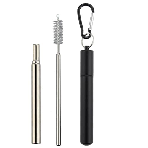 Metal Straws Reusable with Case and Cleaning Brush, Portable Travel Straw, Stainless Steel, Scalable Straws Drinking for Home Travel and Office (Black)