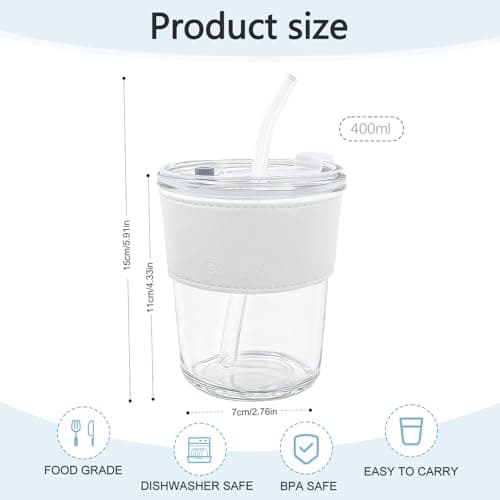 LTHERMELK Tumbler with Straw and Lid - 400ml Glass Straws, Cold Brew Iced Coffee Cup for Car Travel, Reusable Frosted Glass Tumbler with Leather Sleeve & Straw — view 2