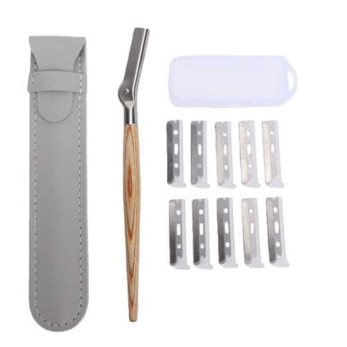 Generic Precision Eyebrow Trimmer with Wooden Handle, Safety Mesh Guard, Complete Travel Kit, 10 Refill Heads, Ideal for Daily Grooming Needs (Long Wooden Handle Eyebrow Trimmer + Refills) — view 6