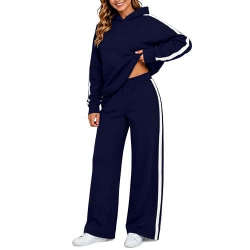 Womens Navy 2 Piece Outfit Pullover Hoodie and Wide Leg Trousers — view 4
