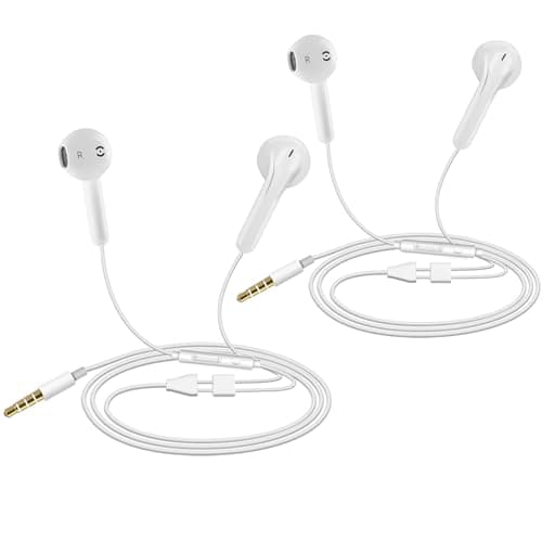 2 Pack Earphones, in-Ear Headphones Wired Earbuds, Noise Isolating Headset with Microphone, Heavy Deep Bass, Compatible with Samsung HuaWei MP3 Players Tablets and Laptops, White