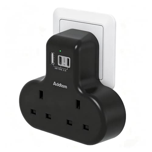 Addtam 2 Way Multi Plug Adaptor, Double Plug Extension with 3 USB Ports