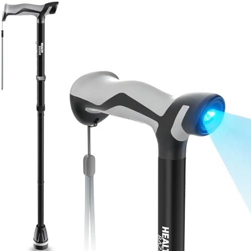 HEALTHBAZAAR Walking Stick with LED Light, Folding Stick for Men & Women with Shock Absorption - Adjustable, Lightweight Collapsible Walking Sticks with Comfort Grip Handle, Heavy Duty All Terrain Tip