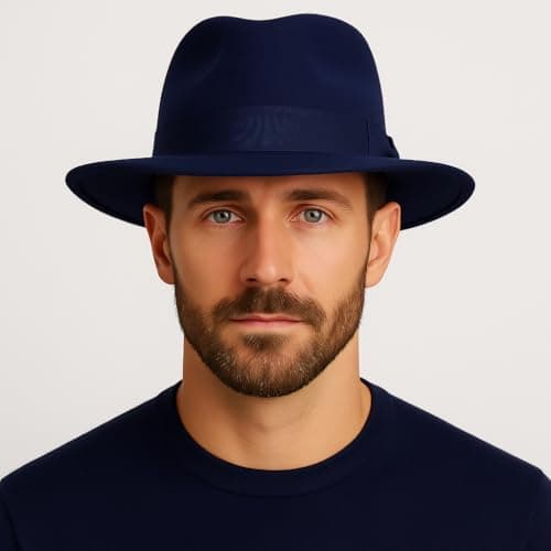 Novella Noori Indiana Jones Style Fedora Hat - Pure Wool Felt Wide Brim Fedora Hat for Men and Women - Crushable, Water-Resistant Vintage Wool Flet Fedoras - (Navy, UK, Alpha, L) — view 3