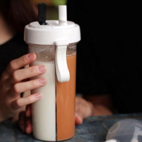 2 in 1 Water Bottle, 600ml Dual Use Water Bottle, Double Sided Straw Cup Water Bottle with Straw Portable Sports Water Bottle Dual Use Bottle Two Straws Couple Water Cup for Camping Travel(White) — view 2