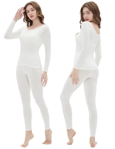 Vinconie Women Thermal Underwear Slimming Top & Bottom Pajama White Yoga Pants, 1 Pack Ivory White, L — view 2