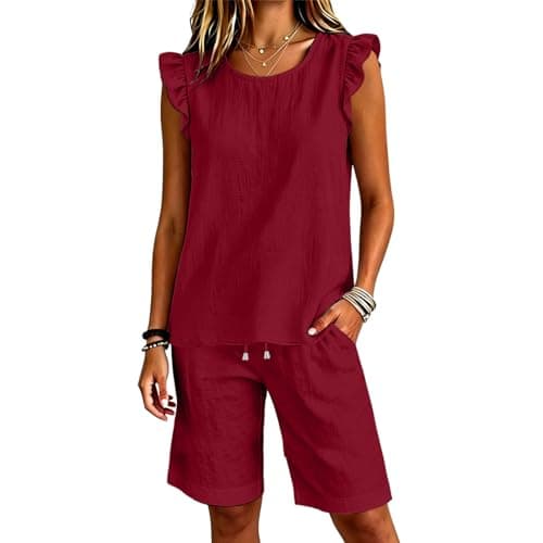 Burgundy Lounge Sets for Women UK Soft Cotton Linen Sleeveless Tank Top & Drawstring Shorts Co Ord Casual Holiday Travel Outfits Loose Fit Tracksuit Fashion 2026 for Running Walking Yoga Size 12 — view 4