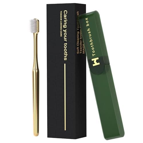 Gold Color Toothbrush with Travel Case Set,Soft Bristles for Sensitive Gums,Luxury Gold-Plated Manual Toothbrush,Business Travel and Vacation Hotel Use (Gold White)