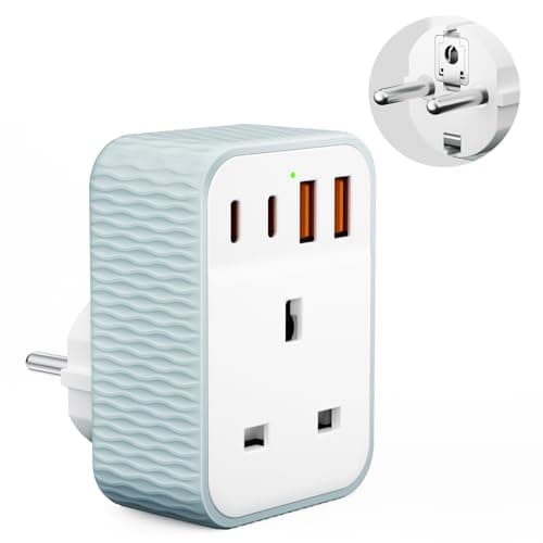 5 in 1 UK to European Plug Adapter, EU Schuko Travel Adaptor with 4 U-S-B Ports(2 USB C & 2 USB A), 1 AC Socket, European Travel Adapter for Germany Spain France Poland Netherlands Iceland(Type E/F)