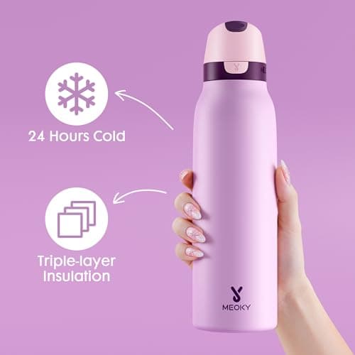Meoky 710ml Stainless Steel Slim Water Bottle: 2-in-1 Locking Lid, Lavender — view 2