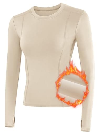 IECCP Women's Long Sleeve Workout Shirt Thermal Shirts Plus Size Athletic Fleece Tops Ski Shirt with Thumb Hole Bone XL — view 5