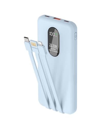 Odetrik 10000mAh Power Bank 22.5W Fast Charging Portable Charger Type-C In/Out 5 Outputs 3 Inputs with Built-in Cables Slim LCD Display Battery Pack for Smartphone Tablet and More (Blue)