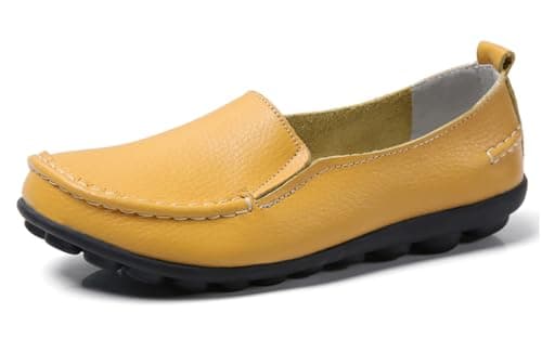 Sunporx Women Casual Leather Loafers Yellow