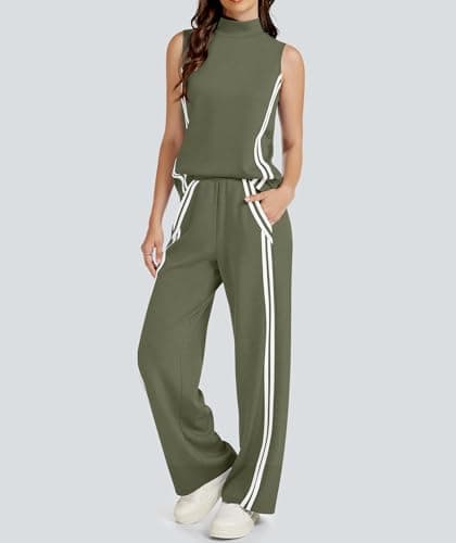 Casly Lamiit Womens 2 Piece Lounge Set Stripes Travel Outfits Sweatsuit Mock Neck Tank Top Wide Leg Pants Casual Activewear, Olive Green, XL — view 4