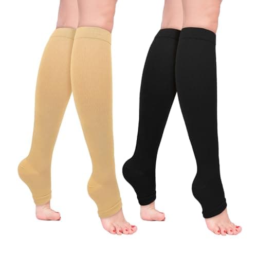 Sahunfri 2 Pairs Open Toe Compression Socks Women Men, 20-30 mmHg Flight Compression Socks for Women, Toeless Pressure Socks for Calf Support(UK, Alpha, L, XL, Regular, Regular, Nude&Black)
