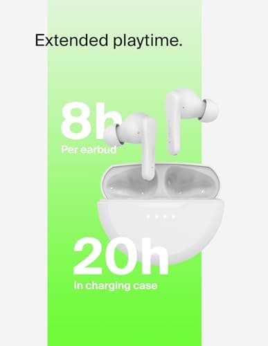 Belkin SoundForm Rhythm True Wireless Earbuds with Built-in Microphone, USB-C Fast Charging, 28H Battery Life, IPX5 Water Resistance - Bluetooth Earbuds for iPhone, iPad, Galaxy, Pixel & More - White — view 3