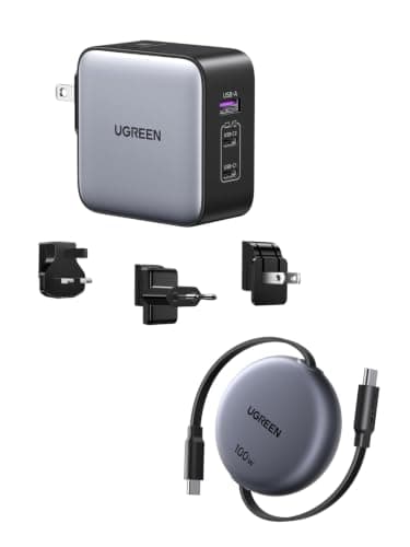 UGREEN Universal Travel Adapter 65W 3-Port Fast Charger with US/UK/EU Plugs with Retractable USB C to USB C Cable 100W 1M, Charging Kit for MacBook Pro/Air, iPhone 17/16/15, iPad, Galaxy S26/S25