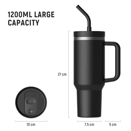 LEIKEEGO Travel Mug Coffee Cup, 1200ml/40oz Tumbler with Straw and Lid, Stainless Steel Double Wall Vacuum Insulated Coffee Cup with Handle-Keeps Cold for 24H-Hot for 12H(Black) — view 5
