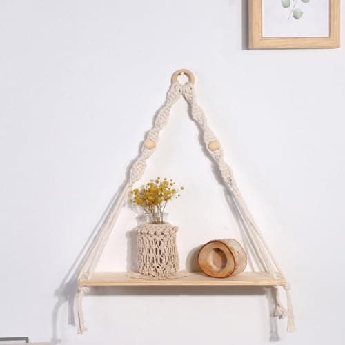LOORGVEL Macrame Nordic Wood Wall Shelf Cotton Rope Beige Handmade Decor — view 2
