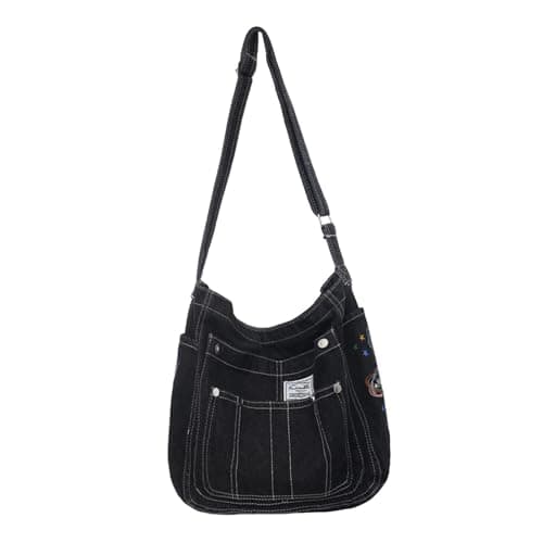 drburpily Shopping Pouch Shoulder Bag Women Denim Tote Bag Large Capacity Daily Beach Trips Or School Needs Birthday Or Anniversary. Lightweight Womens Denim, Black, 35x14x32cm — view 5