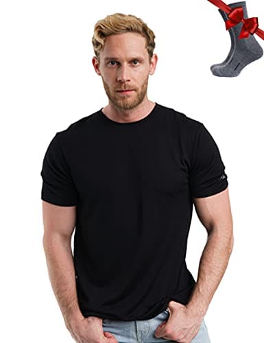 100% Merino Wool T Shirt Mens - Merino Wool Base Layer Men + Hiking Socks (Large, Black Ink)