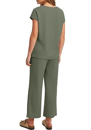 Saloogoe Co ord Lounge Wear Sets for women uk Summer Tracksuits Full Sets V Neck 2 Piece Outfits Casual Travel Vacation Green Size 14-16 — view 5